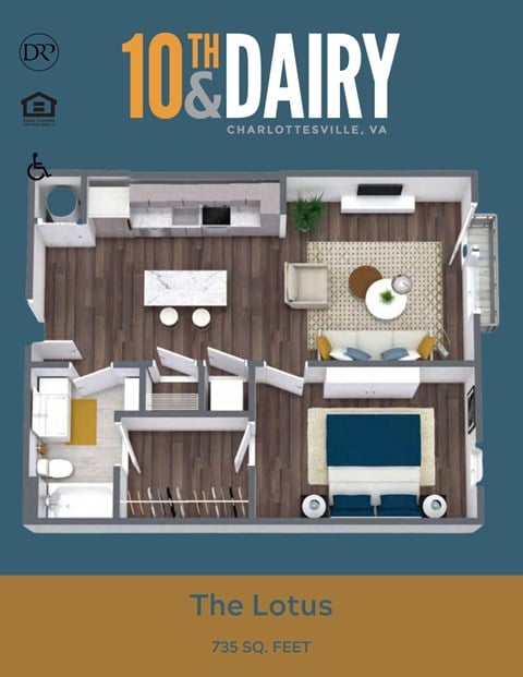 Floor plan for 1 bed, 1 bath, 735 sqft